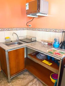 巴克里索莫雷诺港Kicker House的厨房柜台设有水槽和微波炉