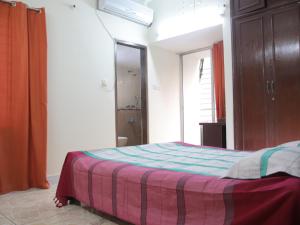 达卡Golpata Bed & Breakfast的一间卧室配有带条纹毯子的床