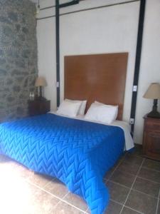 阿特利斯科Hotel Vitorina的卧室内的一张带蓝色棉被的大床