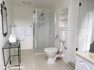 因沃洛什Bayview Studio的白色的浴室设有卫生间和淋浴。