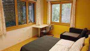 OslipFerienwohnung Knipp的卧室配有一张床、一张书桌和窗户。