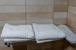 巴统Unique Boutique Hotel Near Batumi的淋浴架上的两条白色毛巾
