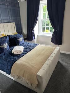 爱丁堡Cameron Coach House Modern Property in Murrayfield Edinburgh的一间卧室配有一张带蓝色床单的床和一扇窗户。