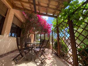 坎波斯Finca Sa Canova Agroturismo的阳台配有一张桌子和椅子,并种植了粉红色的鲜花