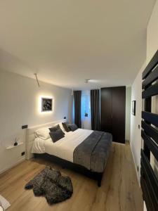 蒙斯Charmant appartement au look design的一间卧室设有一张大床,铺有木地板
