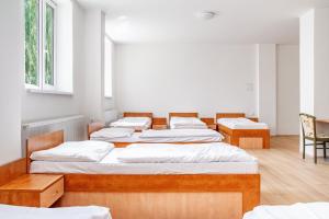 罗斯诺夫·波德·拉德霍斯滕Hostel Beskydy的配有白色墙壁和木地板的四张床