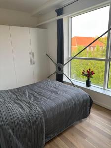 瓦埃勒City Apartment Dæmningen Vejle的一间卧室设有一张床和一个大窗户
