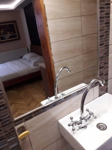 兹拉蒂博尔Vila Zlatibor的一间带水槽和镜子的浴室以及一张床