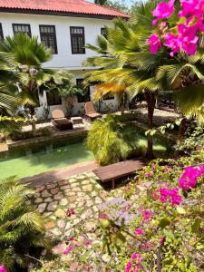 阿克拉奥玛殖民套房公寓的一座带游泳池、棕榈树和鲜花的度假村