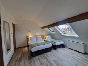 巴黎金厄尔斯酒店的阁楼卧室设有两张床和窗户。