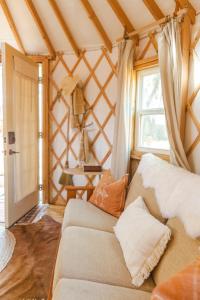奥斯汀Camposanto Glamping - The Macaw Yurt的带沙发和窗户的客厅