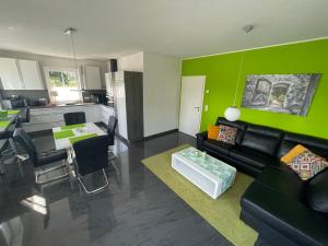 帕彭堡Karins Kotte的客厅设有黑色沙发和绿色的墙壁