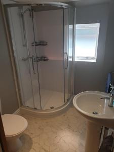 伦敦Mezzanine studio apartment (U9)的带淋浴、卫生间和盥洗盆的浴室