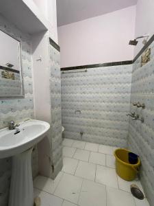 斋沙默尔Nomadic Backpackers Hostel的白色的浴室设有水槽和淋浴。