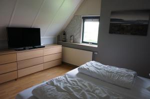 布雷斯肯斯Kustverhuur, Park Schoneveld, Stern 254的一间卧室配有一张床和一台平面电视