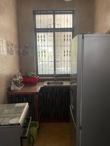 Mwana KerekweFuraha Suite Apartment的厨房配有冰箱、水槽和窗户。