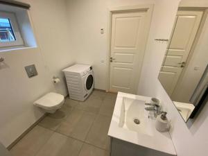比伦德Small Rica house in the center in Billund的白色的浴室设有卫生间和水槽。