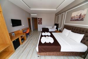 伊斯坦布尔HanPoint Boutique Hotel的酒店客房设有一张大床和一台电视。