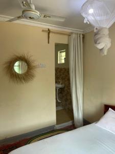 帕杰Afrobukuu house的卧室配有一张床,墙上设有镜子