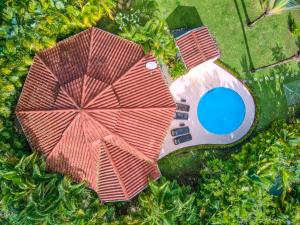 别霍港Lomas del Caribe的享有带红伞和游泳池的房屋的顶部景致