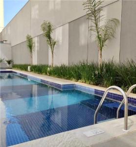 圣保罗Incrível Apartamento Em Frente Ao Metrô Brás !的一座棕榈树游泳池,位于酒店大楼旁