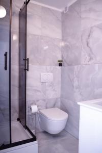 萨格勒布North&South Apartments的白色的浴室设有卫生间和淋浴。