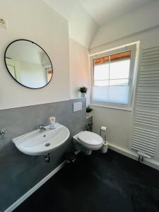 欣费尔德Ferienwohnung Peters的一间带水槽、卫生间和镜子的浴室
