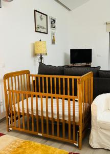 劳林哈Mike’s House的一张沙发、一台电视机和一张婴儿床