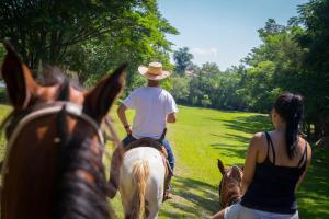 本图贡萨尔维斯Cabana Vinhedos的骑马在田野上骑的男人和女人