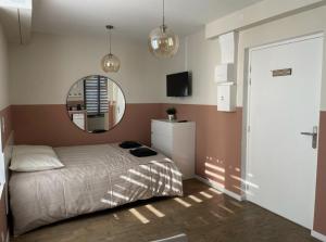 圣马丹勒博Duplex et Studio Saint Martin Le Beau的一间卧室配有一张床和镜子