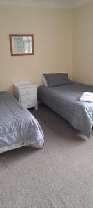 北帕默斯顿Pennys Accommodation的一间卧室设有两张床和床头柜
