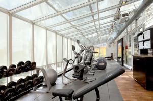 伯林格姆旧金山机场海滨希尔顿合博套房酒店的健身房设有大型玻璃天花板和跑步机