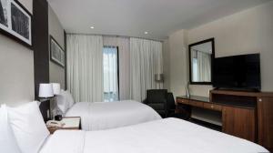 圣路易斯波托西Hampton Inn By Hilton San Luis Potosi的酒店客房设有两张床、一张桌子和一台电视。