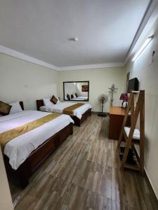 河内Phương Thảo Hotel的酒店客房配有两张床和一张书桌