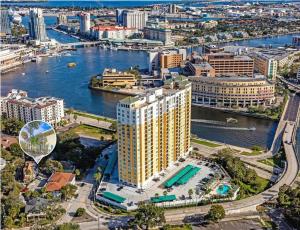坦帕Luxury Suite by Tampa Convention Center & Hospital的享有河边一座大建筑的空中景色