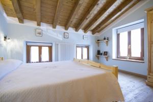 GrimaccoCasa delle Noci的一间大型卧室,配有一张带木制天花板的大床