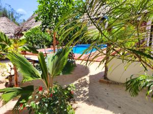 江比阿Mkeka Spice Lodge Jambiani的一个带游泳池和棕榈树的度假村