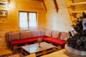 利夫诺Ranč Crna stina的小屋内带红色沙发的客厅
