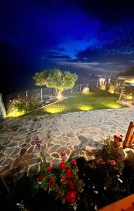 VergiaBeachfront Villa Athina的石头庭院,晚上种着鲜花和树