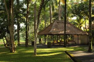 乌布优布达假日温泉酒店的棕榈树公园内带草屋顶的小屋