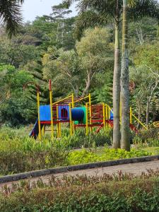 玛琅The Valley Guesthouse的棕榈树旁公园里的一个色彩缤纷的游乐场