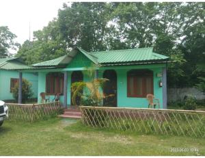 Jyoti GaonMayuri Nature Camp, Barangabari, Assam的绿色屋顶的蓝色小房子