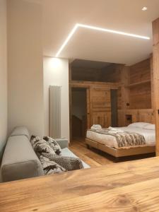 布勒伊-切尔维尼亚Fior di Roccia Apartments的一间带两张床和一张沙发的卧室