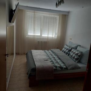 锡比乌Apartament Casa Dia的一间卧室设有一张大床和窗户