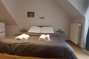 布鲁塞尔Charming 1-Bedroom Apartment的一间卧室配有一张大床和两条毛巾