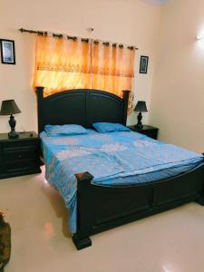 拉合尔2 bedrooms house for families的一间卧室配有一张带蓝色棉被的床