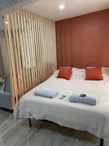 马诺斯克Appartement loft terracotta的一间卧室配有一张大床和两个枕头