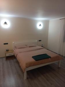 上维谢乌Casa Edy的卧室配有一张带两盏灯的墙壁床。