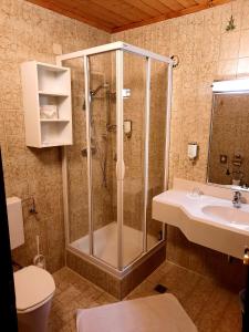 上陶恩Hotel Bella的带淋浴和盥洗盆的浴室