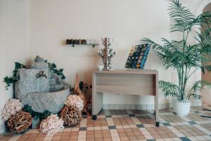 塞尔瓦德伊莫利尼索恩维斯公寓酒店的配有书桌、桌子和植物的房间